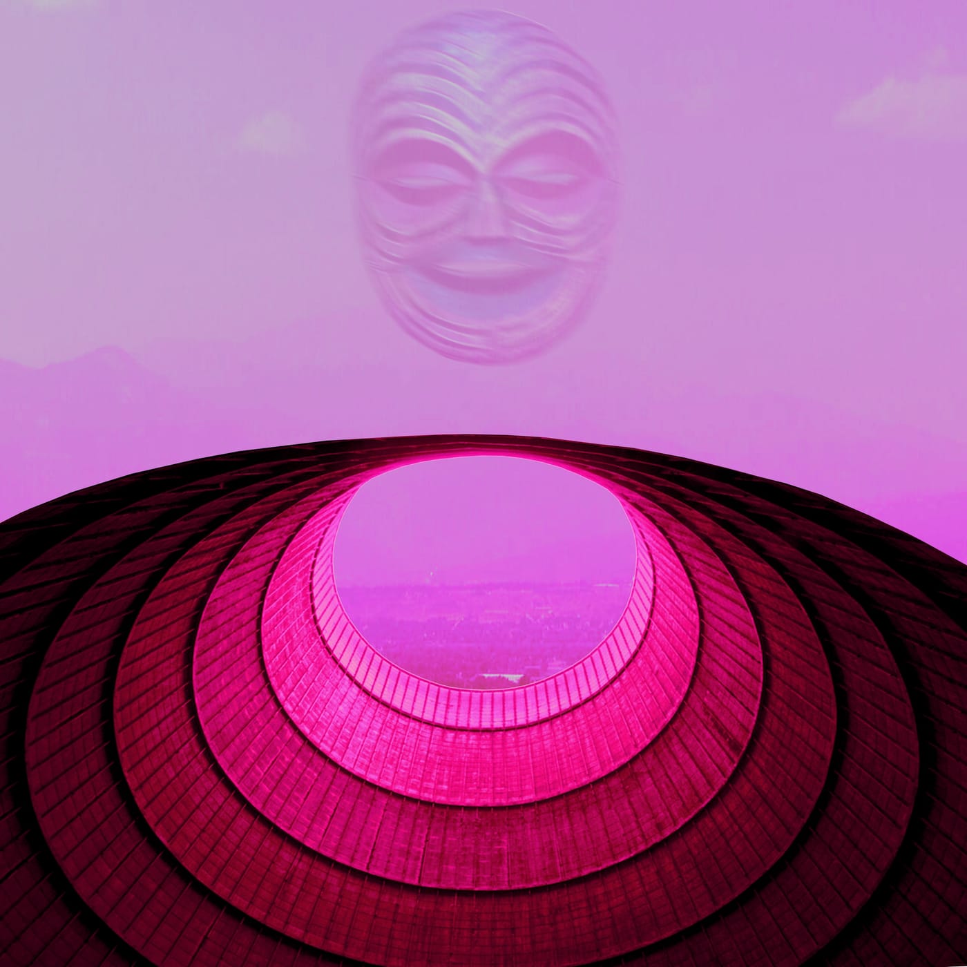 Spoorloper — album artwork: concentric tower under a pink sky with a ghost mask